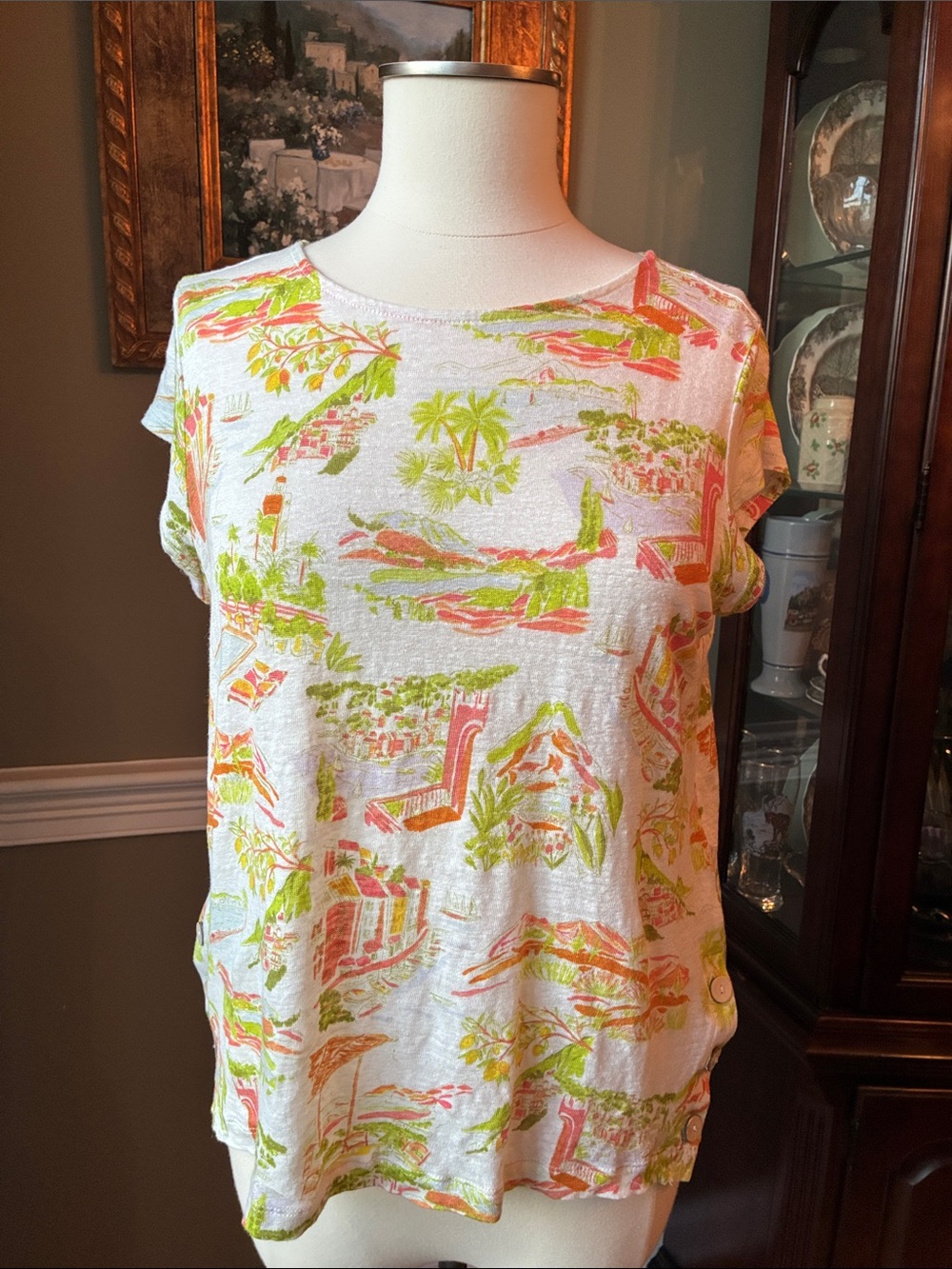 Cynthia Rowley 100% Linen Blouse with Tropical Print Size Medium